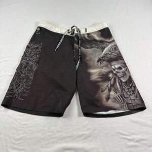 Affliction Board Shorts Mens 33 Black Skull Indian Tribal Graphic Grunge Y2K
